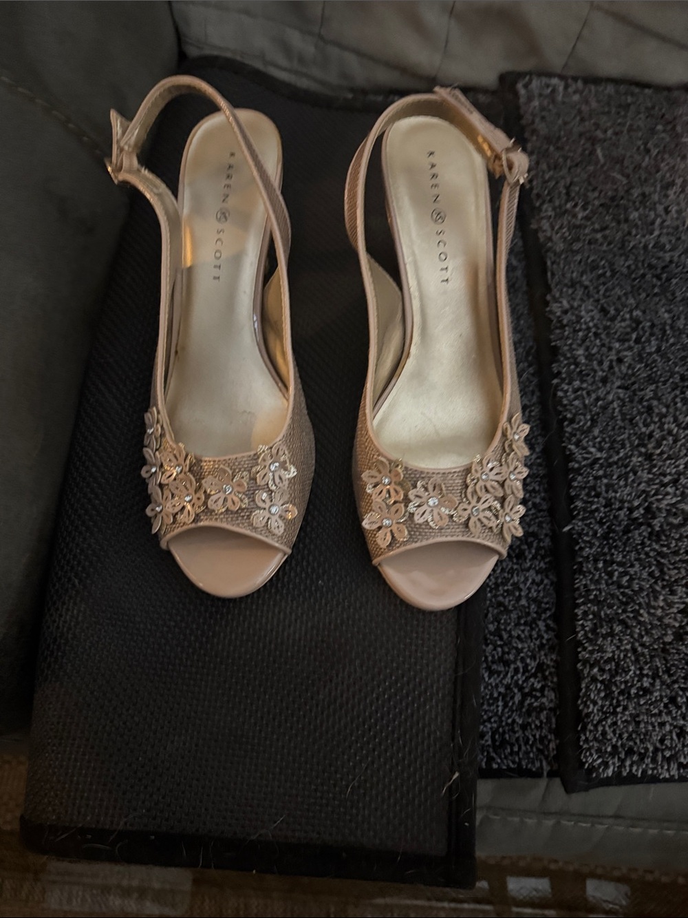 Karen Scott Beige Floral Embellished Slingback Heels